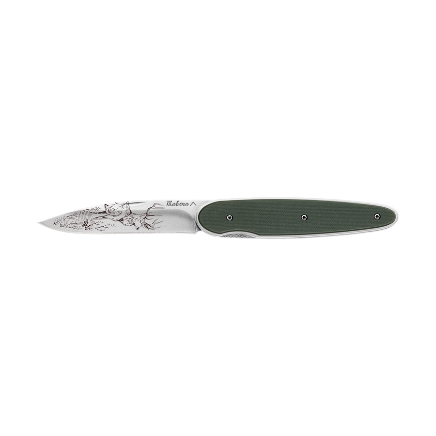 Couteau acier finition brillante plaquette pleine résine g10 kaki motif «cerf»