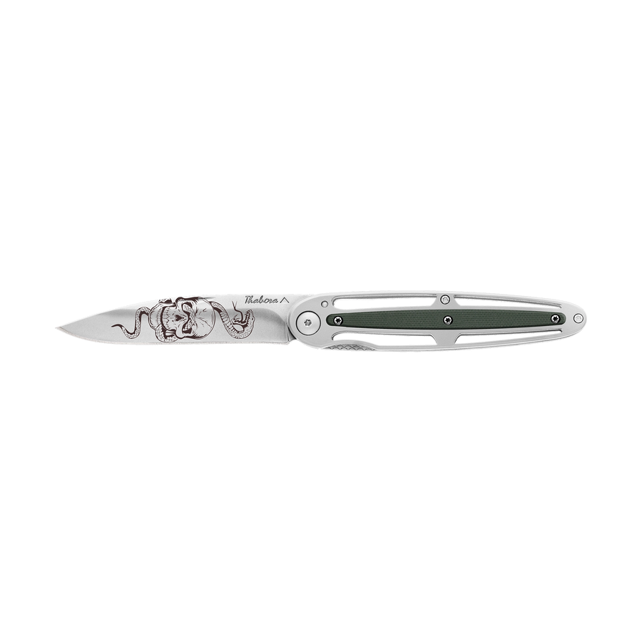 Couteau acier finition brillante plaquette centrale résine g10 kaki motif «tête de mort serpent»