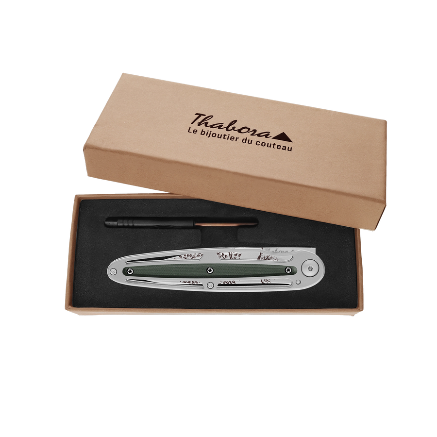 Couteau acier finition brillante plaquette centrale résine g10 kaki motif «arbre de vie»