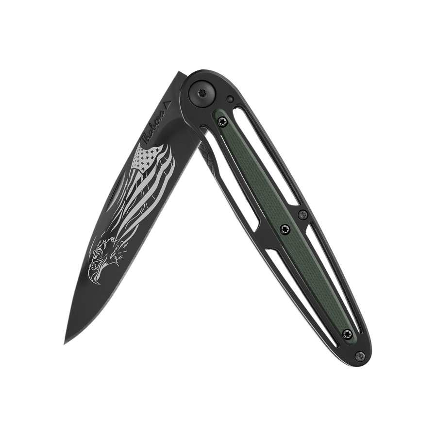 Couteau acier finition titane noir plaquette centrale résine g10 kaki motif «aigle américain»
