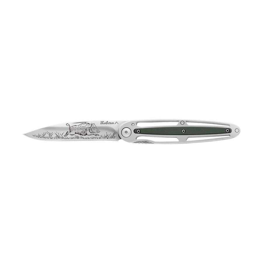 Couteau acier finition brillante plaquette centrale résine g10 kaki motif «sanglier»