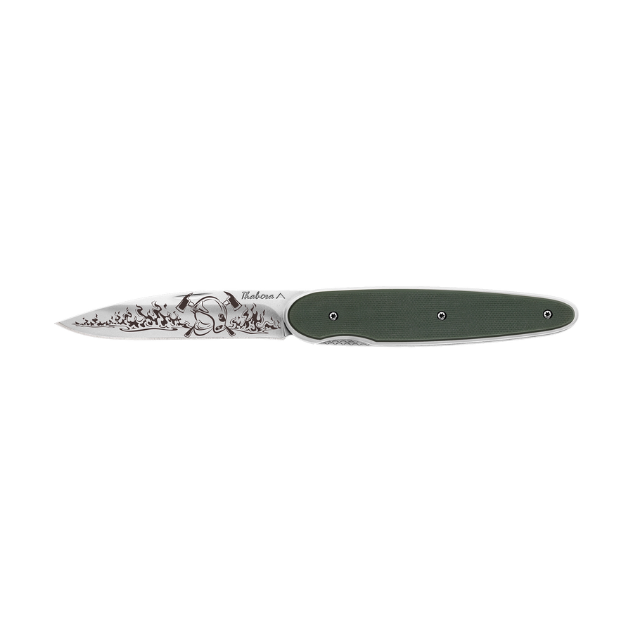 Couteau acier finition brillante plaquette pleine résine g10 kaki motif «pompier»