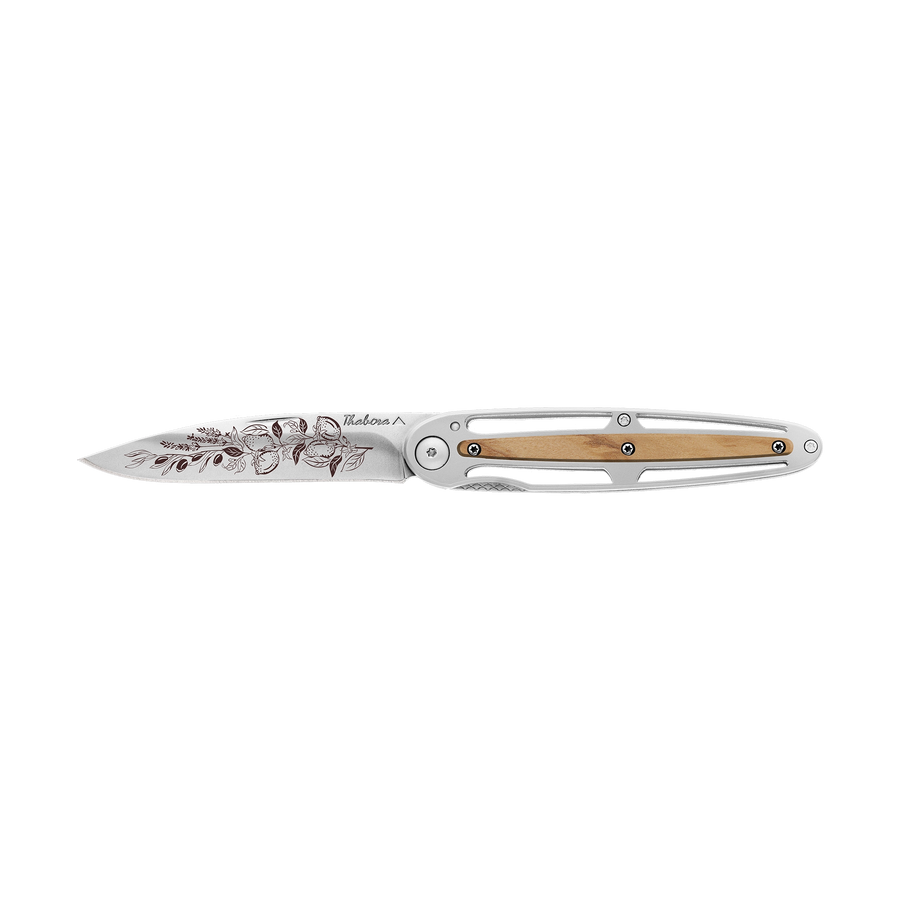 Couteau acier finition brillante plaquette centrale bois clair motif «provencal»