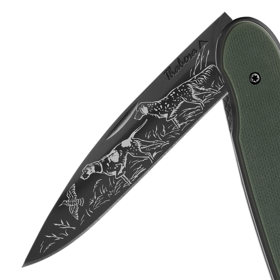 Couteau acier finition titane noir plaquette pleine résine g10 kaki motif «chiens d'arrêt»