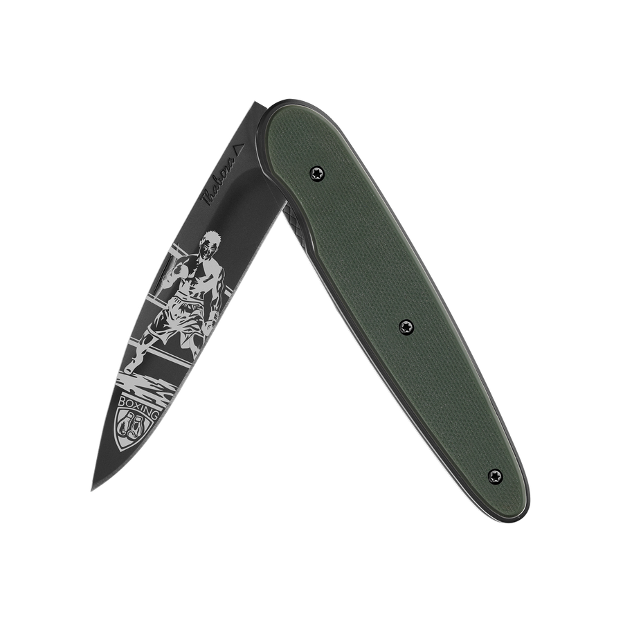 Couteau acier finition titane noir plaquette pleine résine g10 kaki motif «boxeur»