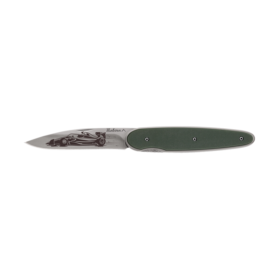 Couteau acier finition titane gris plaquette pleine résine g10 kaki motif «formule 1»