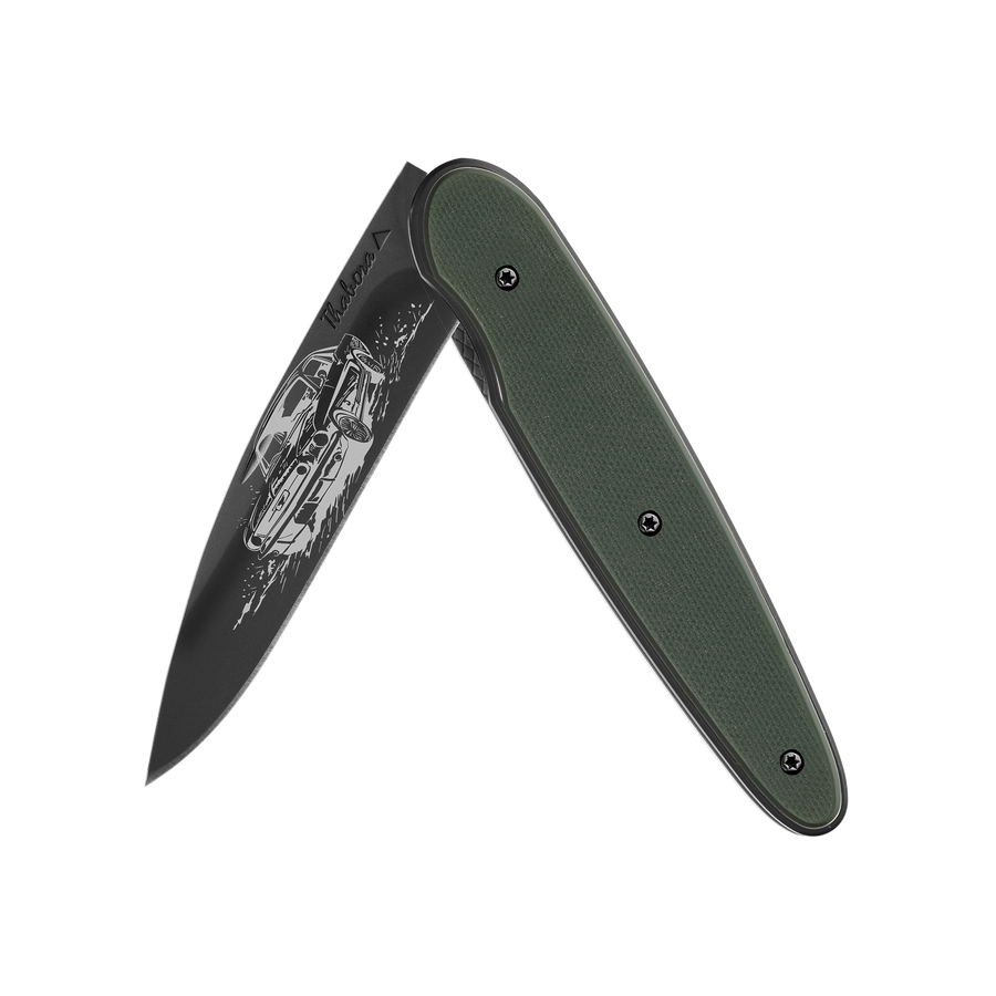 Couteau acier finition titane noir plaquette pleine résine g10 kaki motif «voiture américaine»