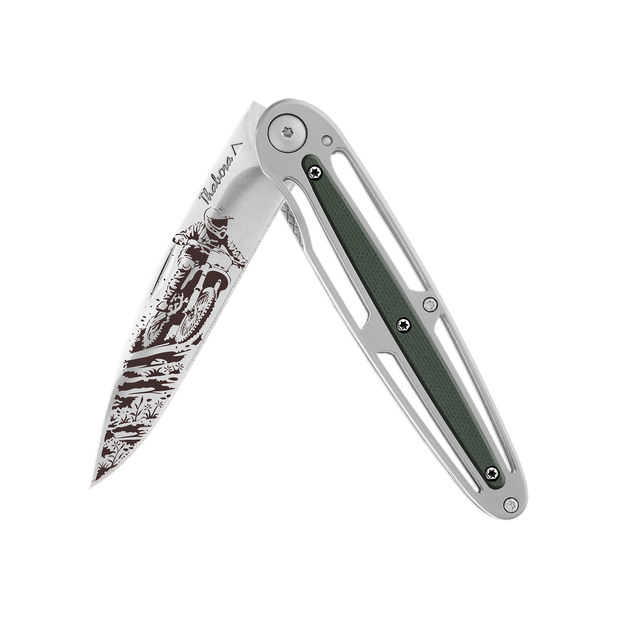 Couteau acier finition brillante plaquette centrale résine g10 kaki motif «motocross»