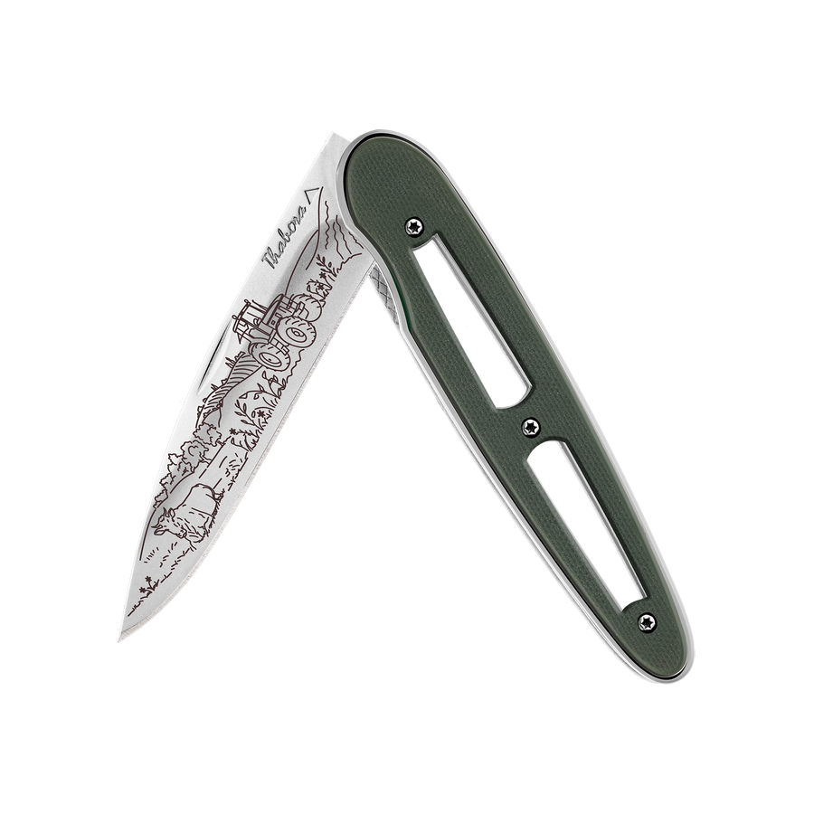 Couteau acier finition brillante plaquette ajourée résine g10 kaki motif «campagne»