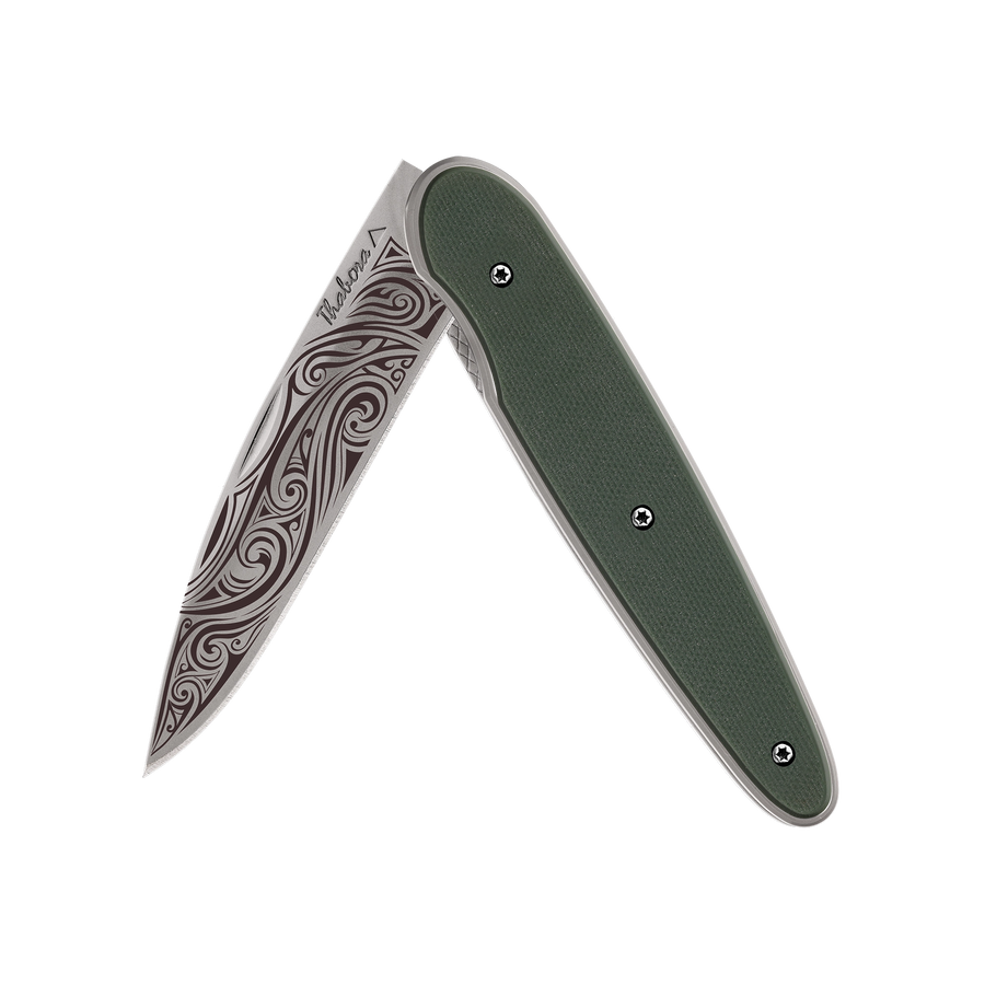 Couteau acier finition titane gris plaquette pleine résine g10 kaki motif «volutes»