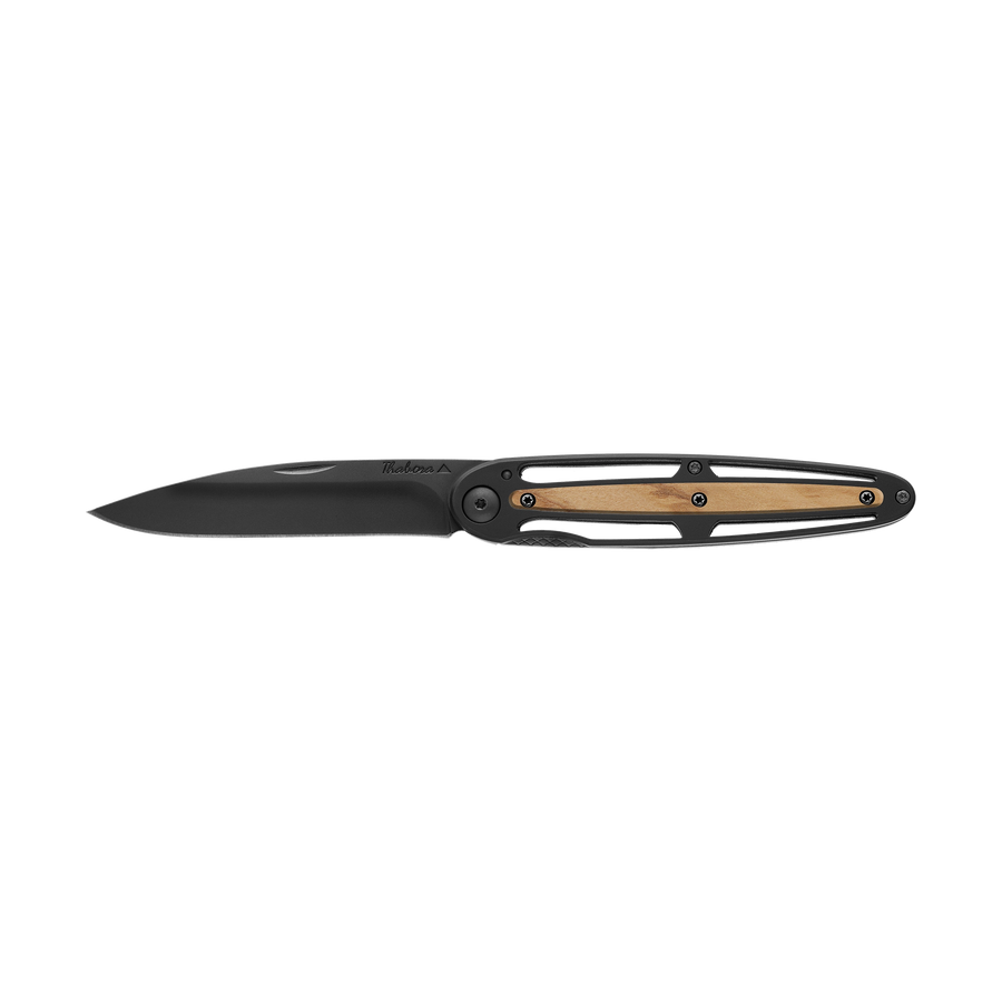 Couteau acier finition titane noir plaquette centrale bois clair