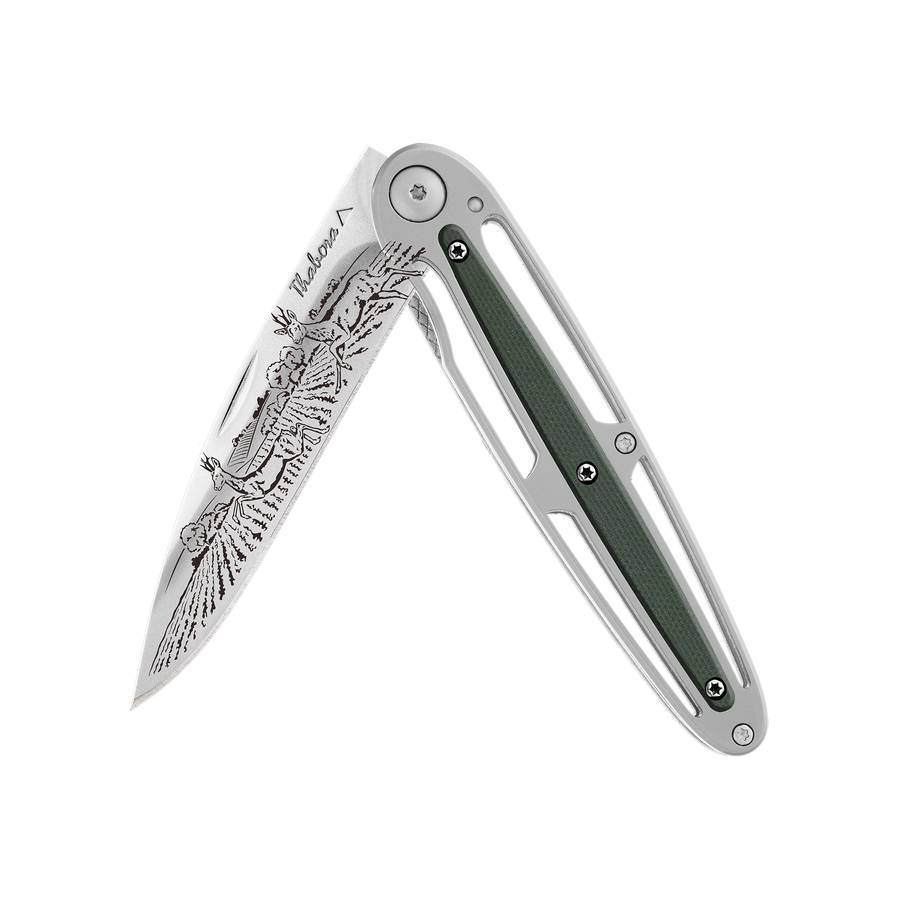 Couteau acier finition brillante plaquette centrale résine g10 kaki motif «chevreuil»