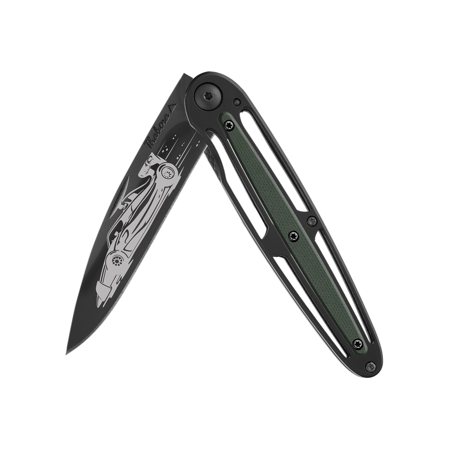 Couteau acier finition titane noir plaquette centrale résine g10 kaki motif «formule 1»