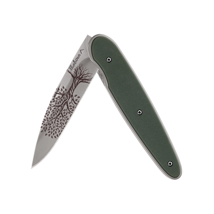 Couteau acier finition titane gris plaquette pleine résine g10 kaki motif «arbre de vie»