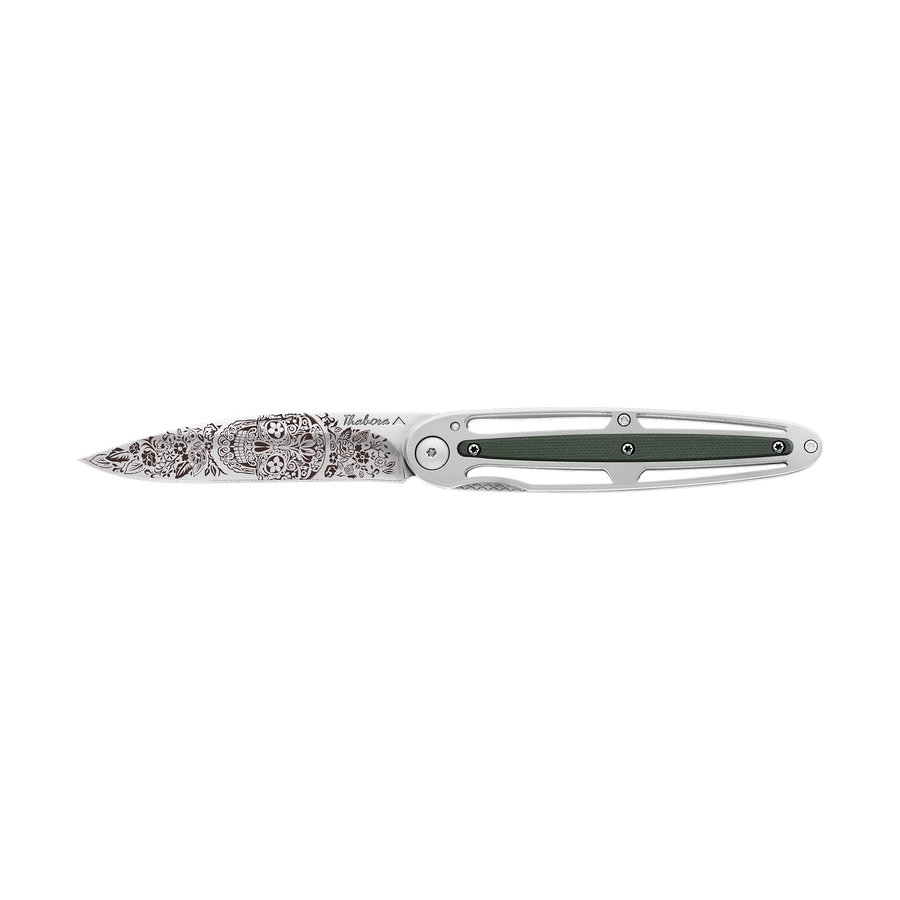 Couteau acier finition brillante plaquette centrale résine g10 kaki motif «tête mexicaine»