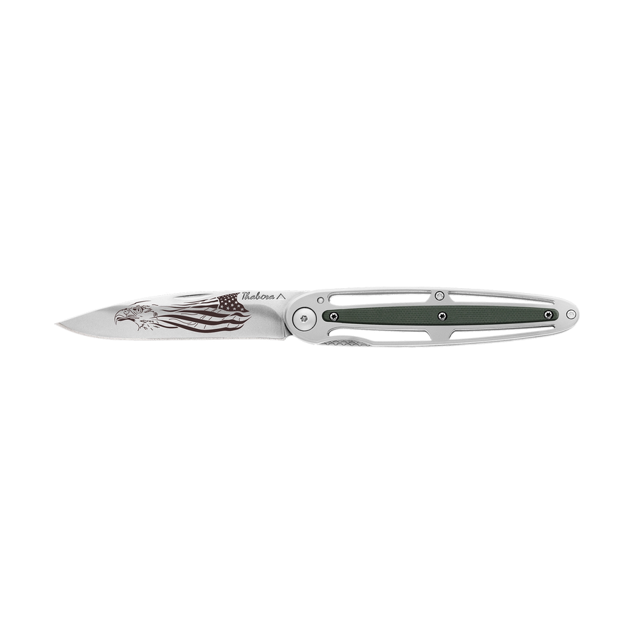 Couteau acier finition brillante plaquette centrale résine g10 kaki motif «aigle américain»