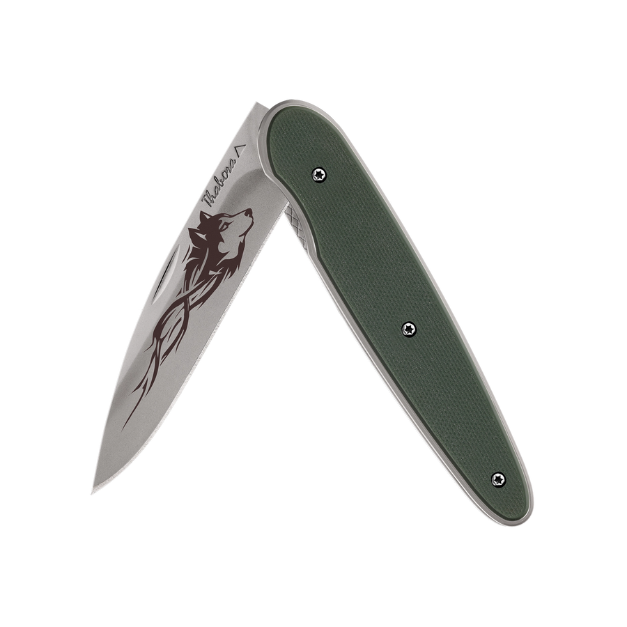 Couteau acier finition titane gris plaquette pleine résine g10 kaki motif «loup tribal»