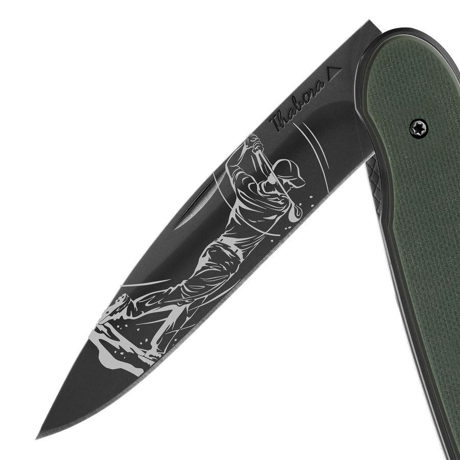 Couteau acier finition titane noir plaquette pleine résine g10 kaki motif «golfeur»