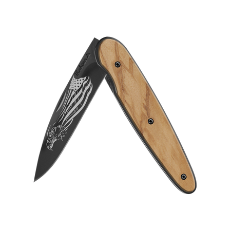 Couteau acier finition titane noir plaquette pleine bois clair motif «aigle américain»