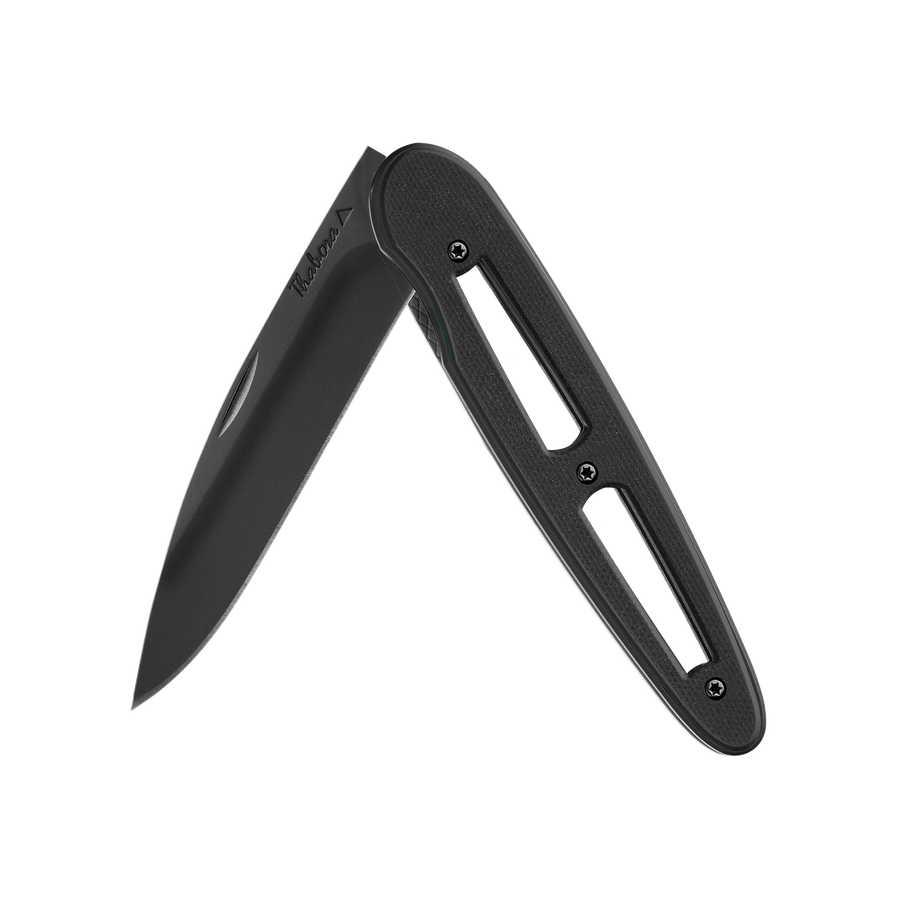 Couteau acier finition titane noir plaquette ajourée résine g10 noir