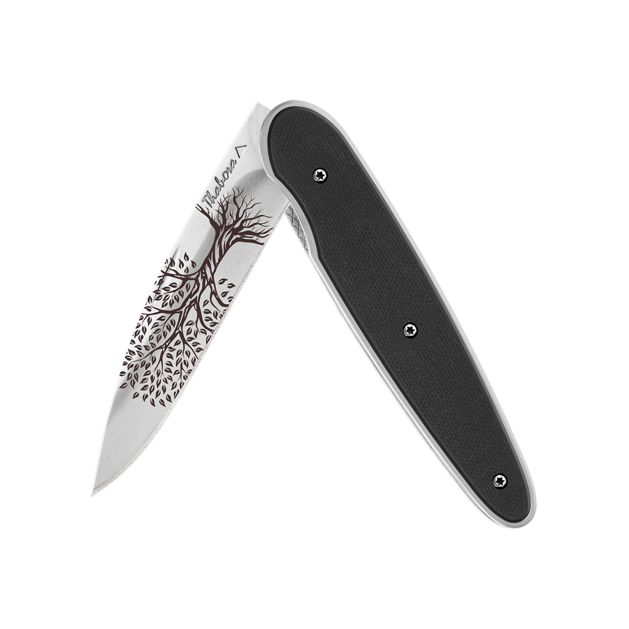 Couteau acier finition brillante plaquette pleine résine g10 noir motif «arbre de vie»