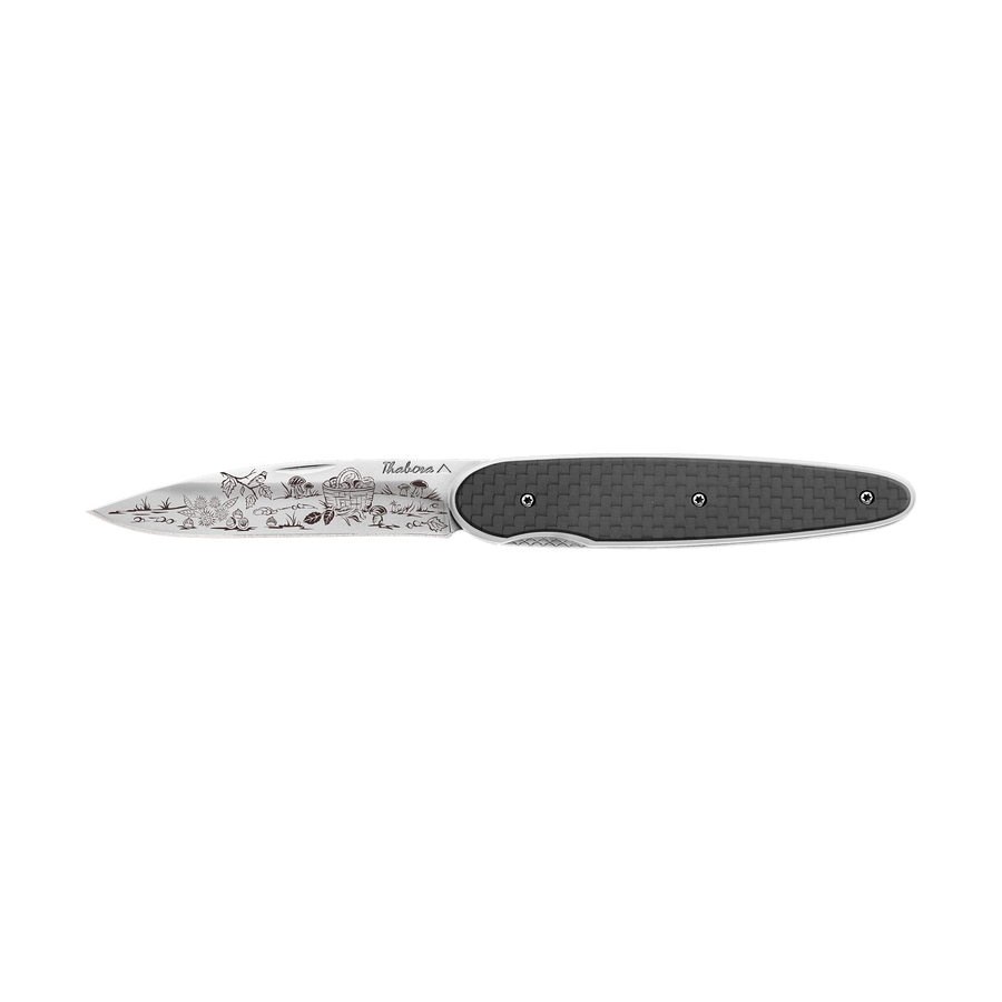 Couteau acier finition brillante plaquette pleine carbone motif «cueillette d'automne»