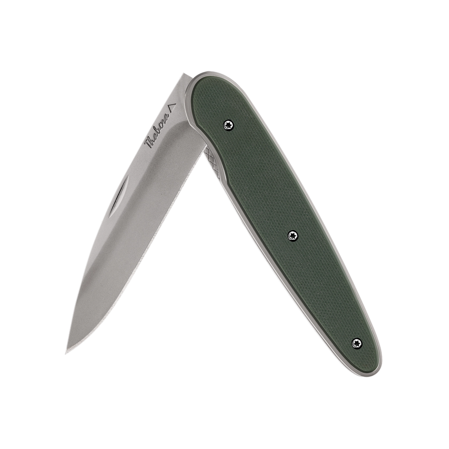 Couteau acier finition titane gris plaquette pleine résine g10 kaki
