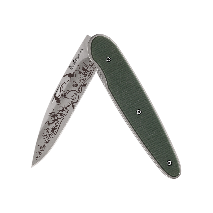 Couteau acier finition titane gris plaquette pleine résine g10 kaki motif «pompier»