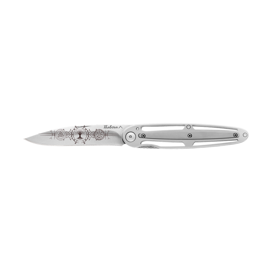 Couteau acier finition brillante plaquette centrale acier brossé motif «runes viking»