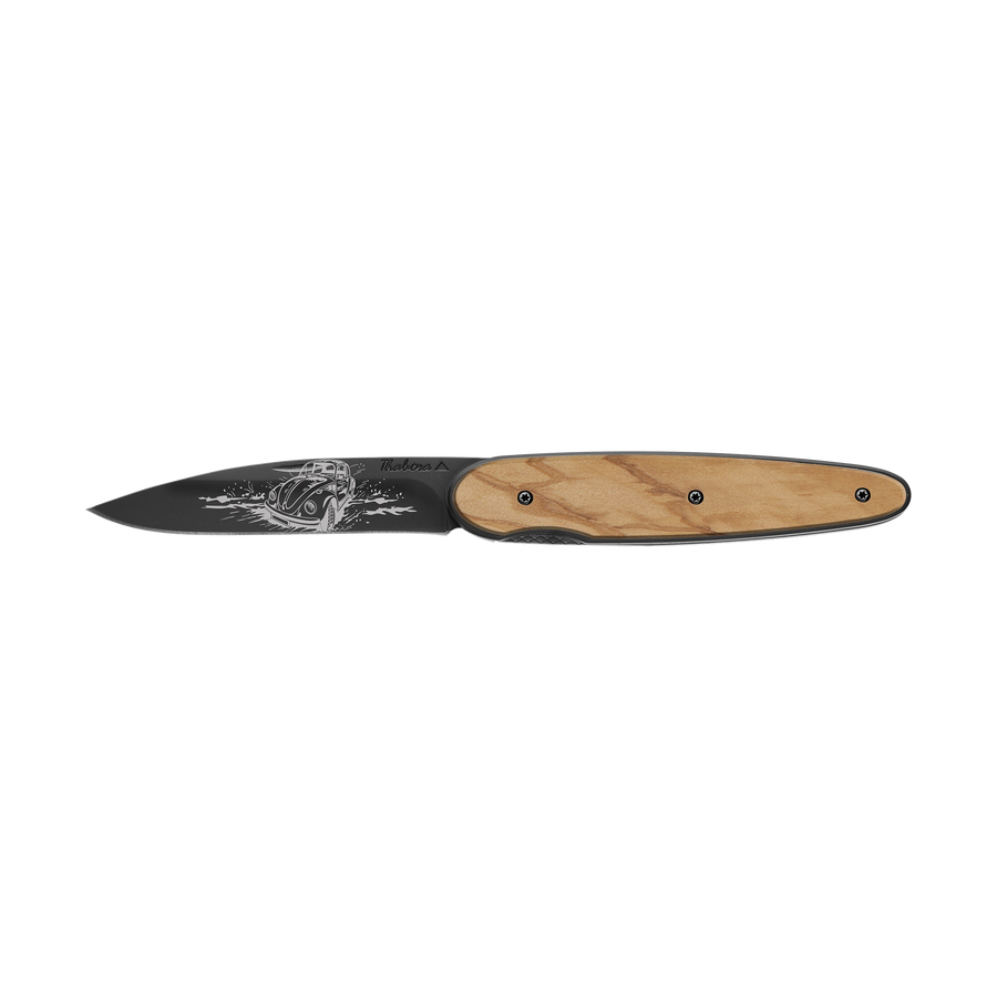 Couteau acier finition titane noir plaquette pleine bois clair motif «voiture rétro»