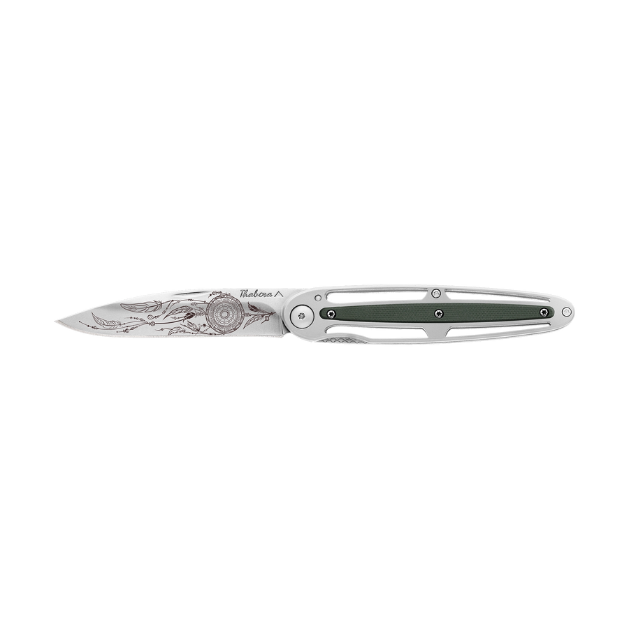 Couteau acier finition brillante plaquette centrale résine g10 kaki motif «attrape rêves»