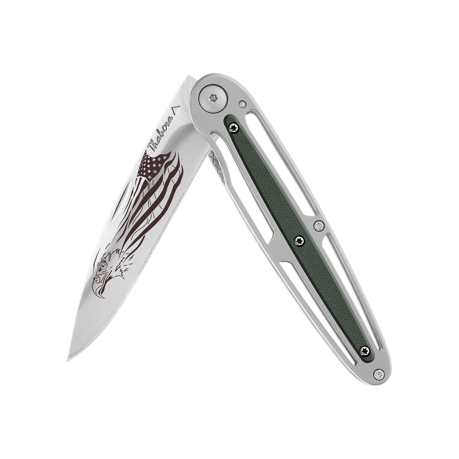 Couteau acier finition brillante plaquette centrale résine g10 kaki motif «aigle américain»