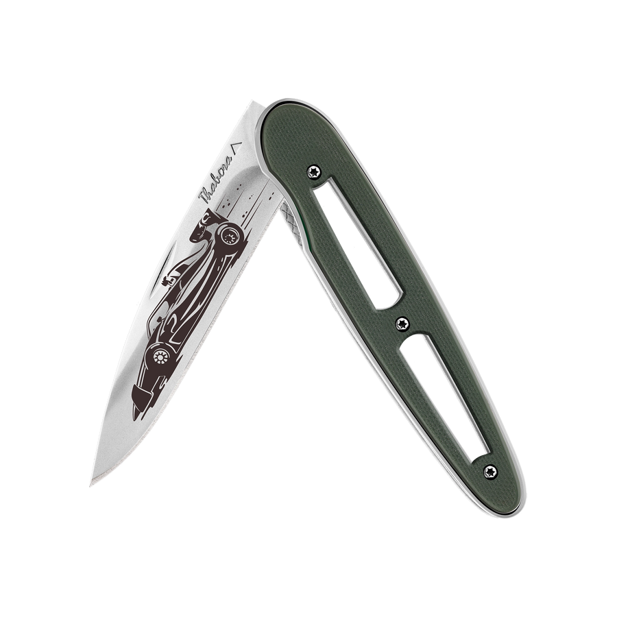 Couteau acier finition brillante plaquette ajourée résine g10 kaki motif «formule 1»