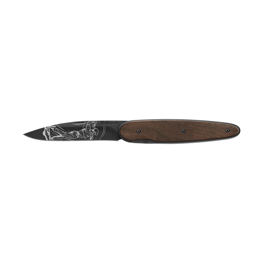 Couteau acier finition titane noir plaquette pleine bois foncé motif «golfeur»