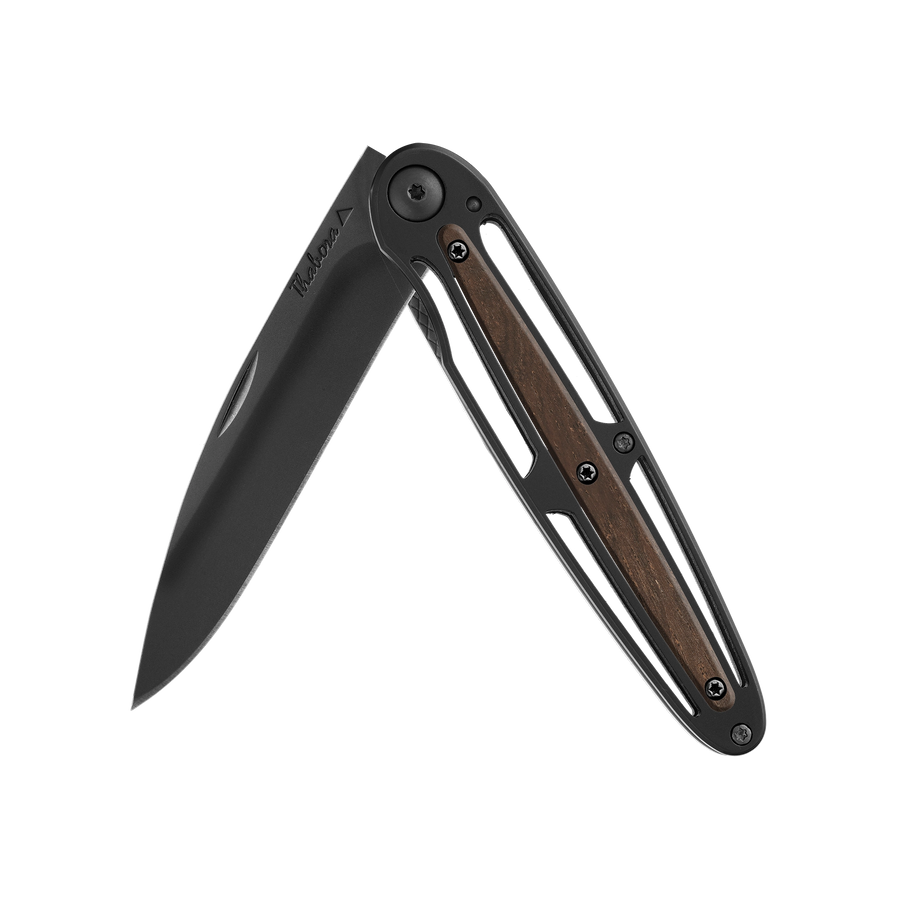 Couteau acier finition titane noir plaquette centrale bois foncé