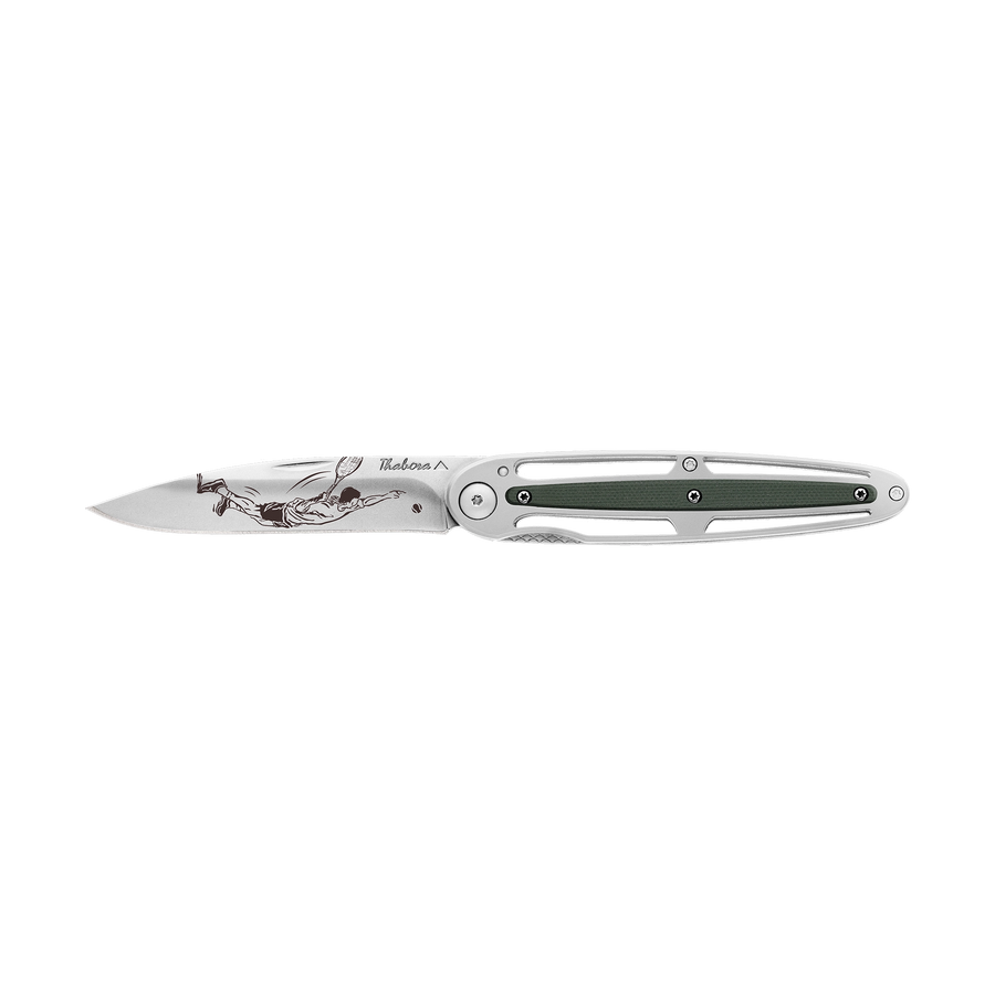 Couteau acier finition brillante plaquette centrale résine g10 kaki motif «tennisman»