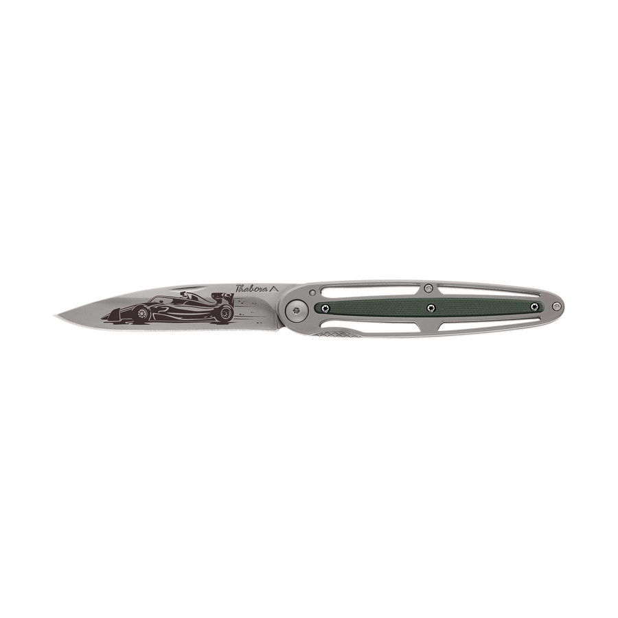 Couteau acier finition titane gris plaquette centrale résine g10 kaki motif «formule 1»