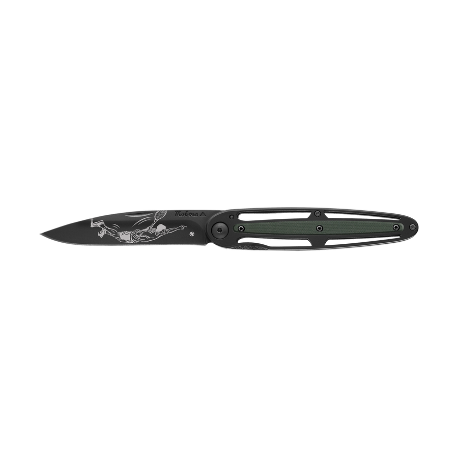 Couteau acier finition titane noir plaquette centrale résine g10 kaki motif «tennisman»