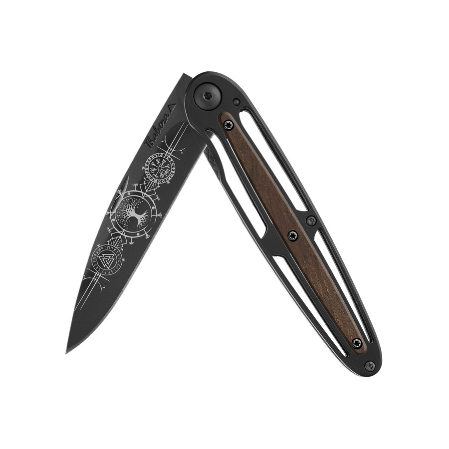 Couteau acier finition titane noir plaquette centrale bois foncé motif «runes viking»
