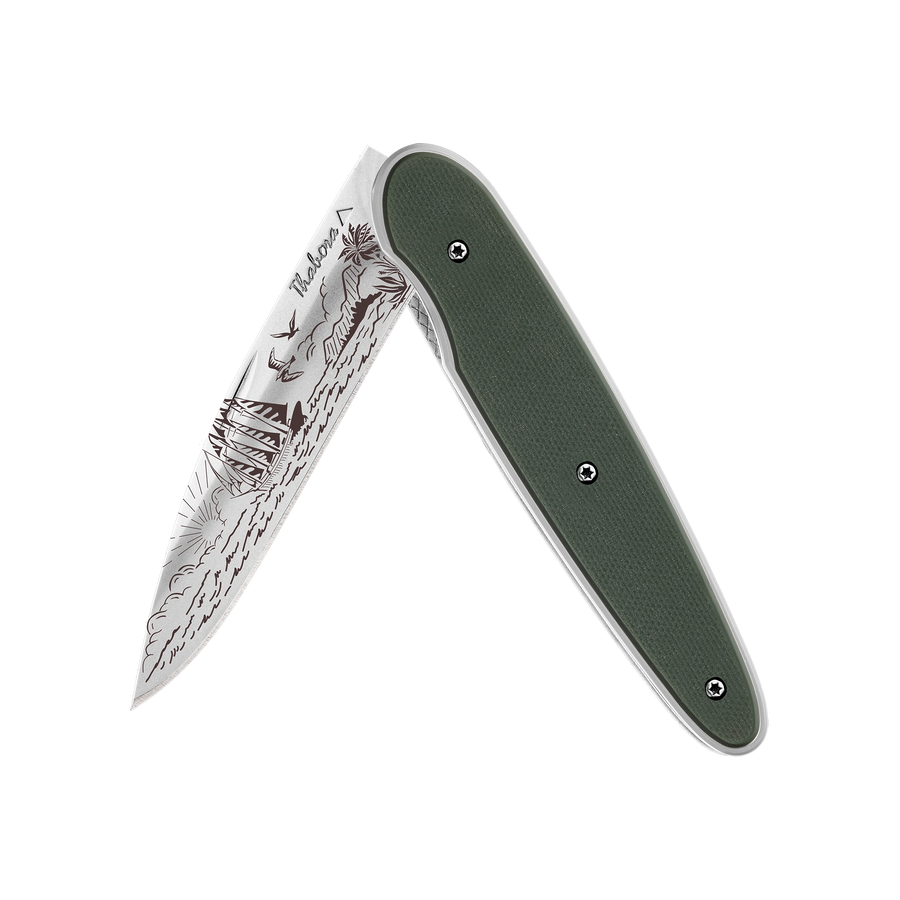 Couteau acier finition brillante plaquette pleine résine g10 kaki motif «voilier»
