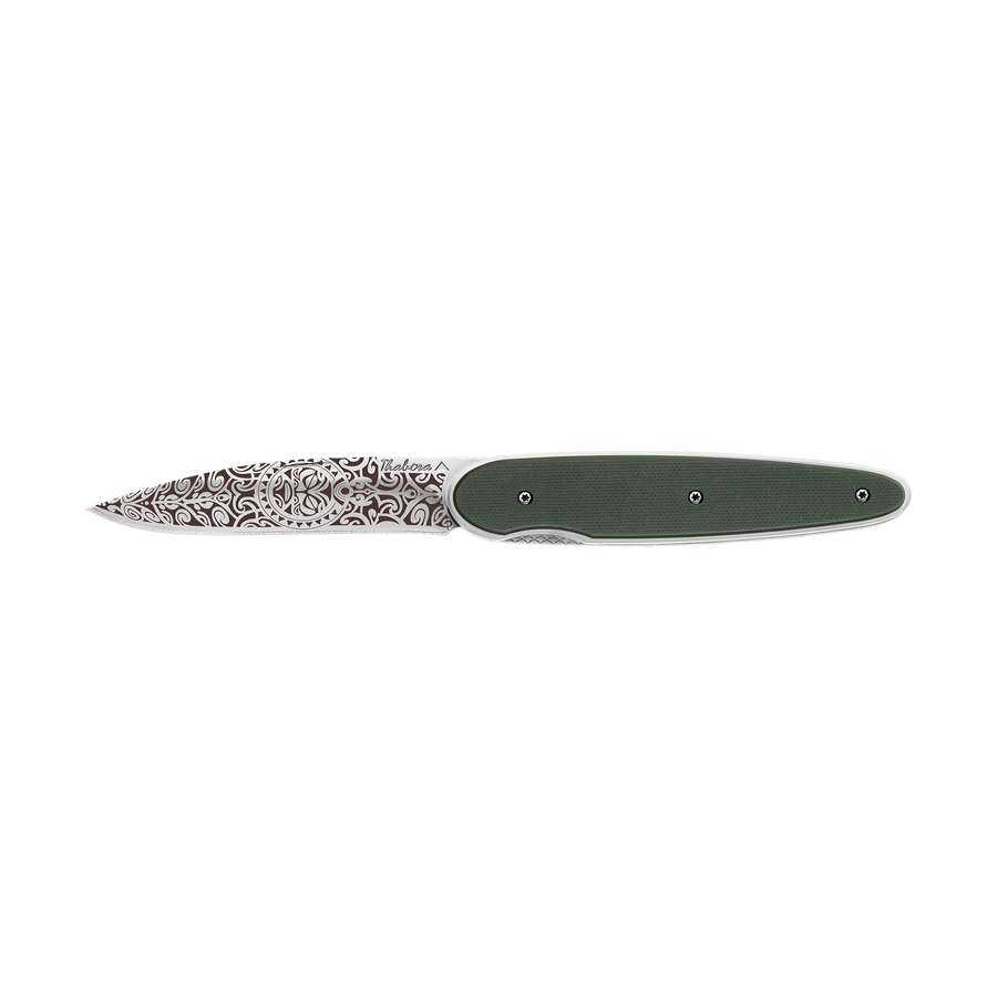 Couteau acier finition brillante plaquette pleine résine g10 kaki motif «tiki»