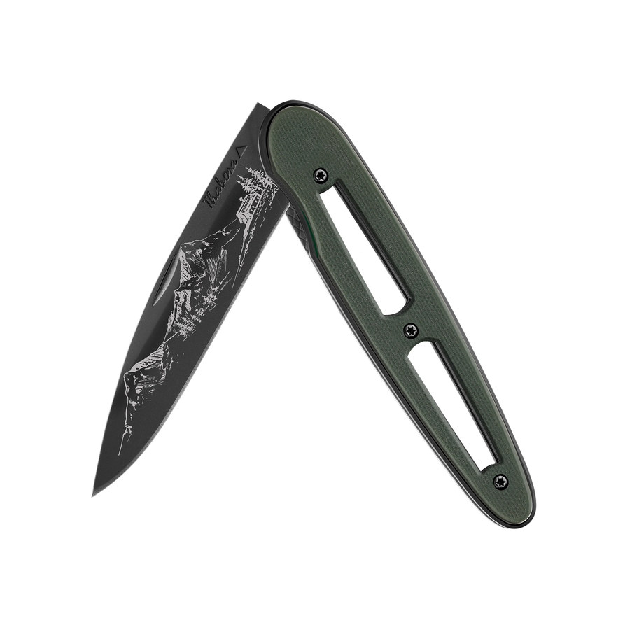 Couteau acier finition titane noir plaquette ajourée résine g10 kaki motif «montagne»