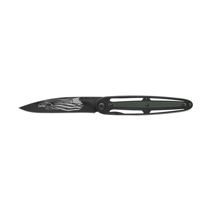 Couteau acier finition titane noir plaquette centrale résine g10 kaki motif «aigle américain»