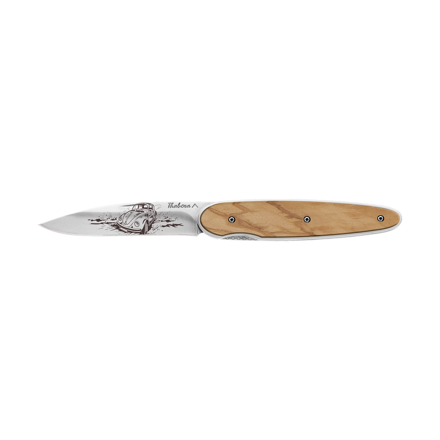 Couteau acier finition brillante plaquette pleine bois clair motif «voiture rétro»