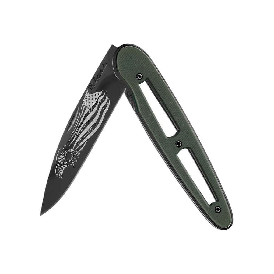 Couteau acier finition titane noir plaquette ajourée résine g10 kaki motif «aigle américain»
