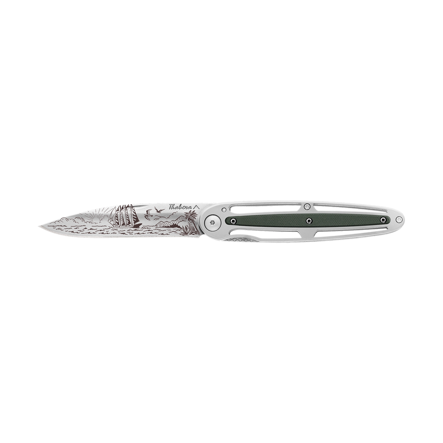 Couteau acier finition brillante plaquette centrale résine g10 kaki motif «voilier»