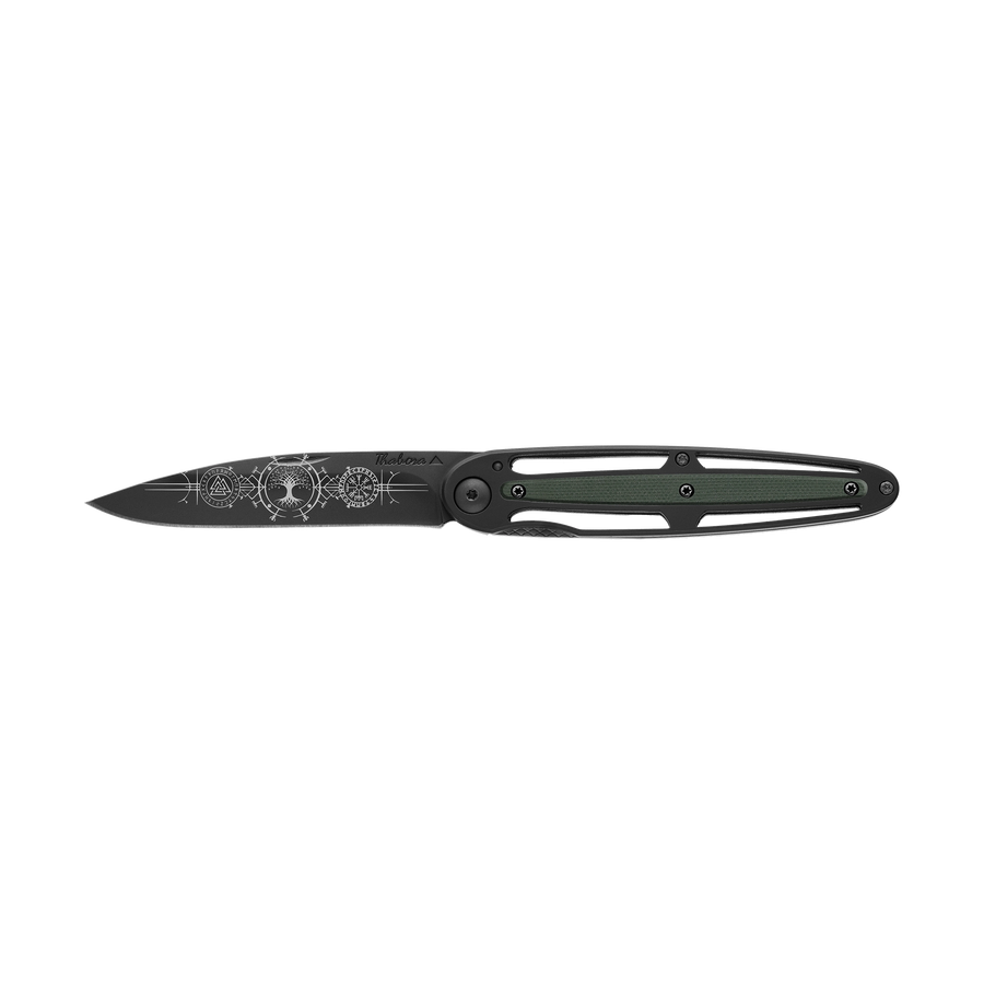 Couteau acier finition titane noir plaquette centrale résine g10 kaki motif «runes viking»