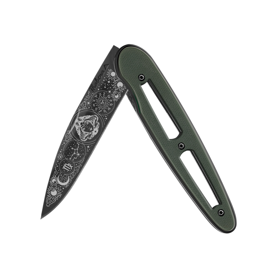 Couteau acier finition titane noir plaquette ajourée résine g10 kaki motif «zodiaque vierge»