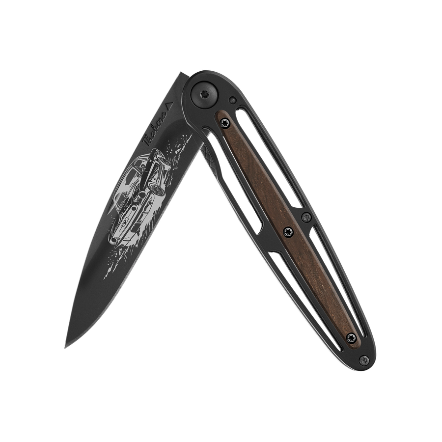 Couteau acier finition titane noir plaquette centrale bois foncé motif «voiture américaine»