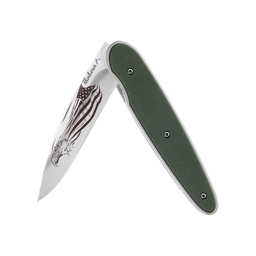 Couteau acier finition brillante plaquette pleine résine g10 kaki motif «aigle américain»